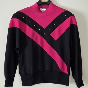 Vintage 80's Pink+Black Turtleneck Sweater With Gold Dots Ski Cottagecore SM